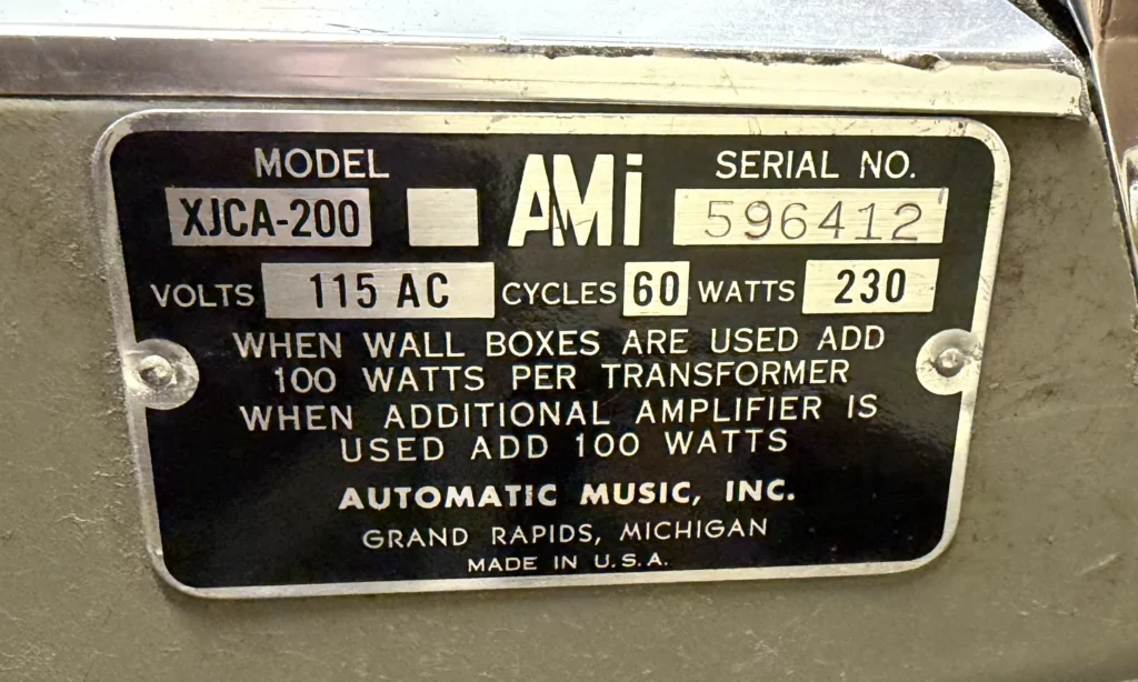 Jukebox Data Plate for Identification of make and model, AMI XJCA-200